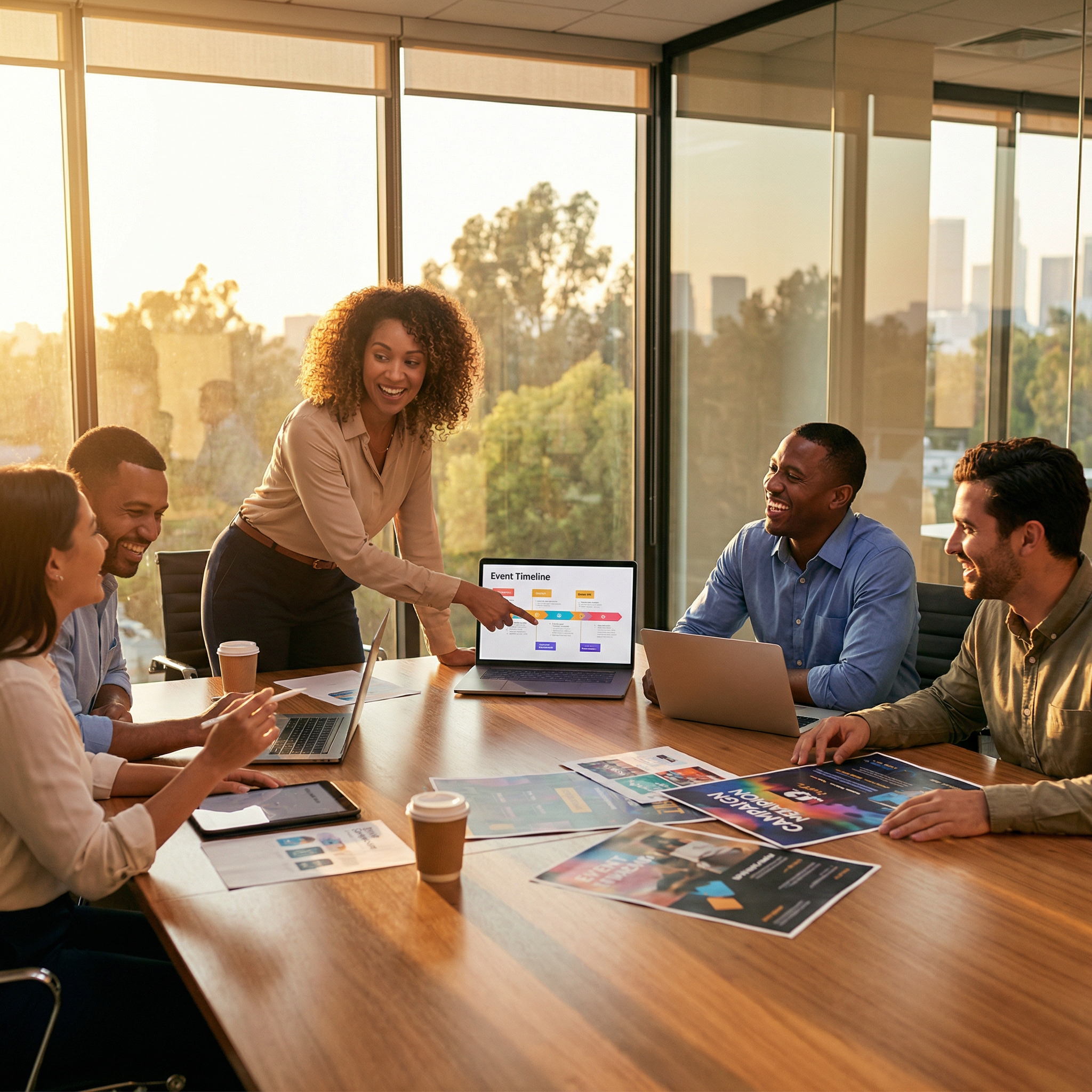 A marketing team planning event strategies together using laptops and documents in a bright office.