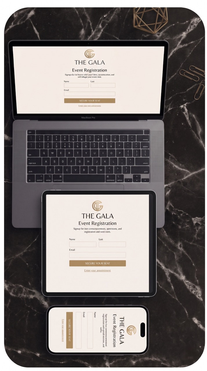 Modulo di registrazione online per eventi visualizzato su smartphone, tablet e computer portatile.