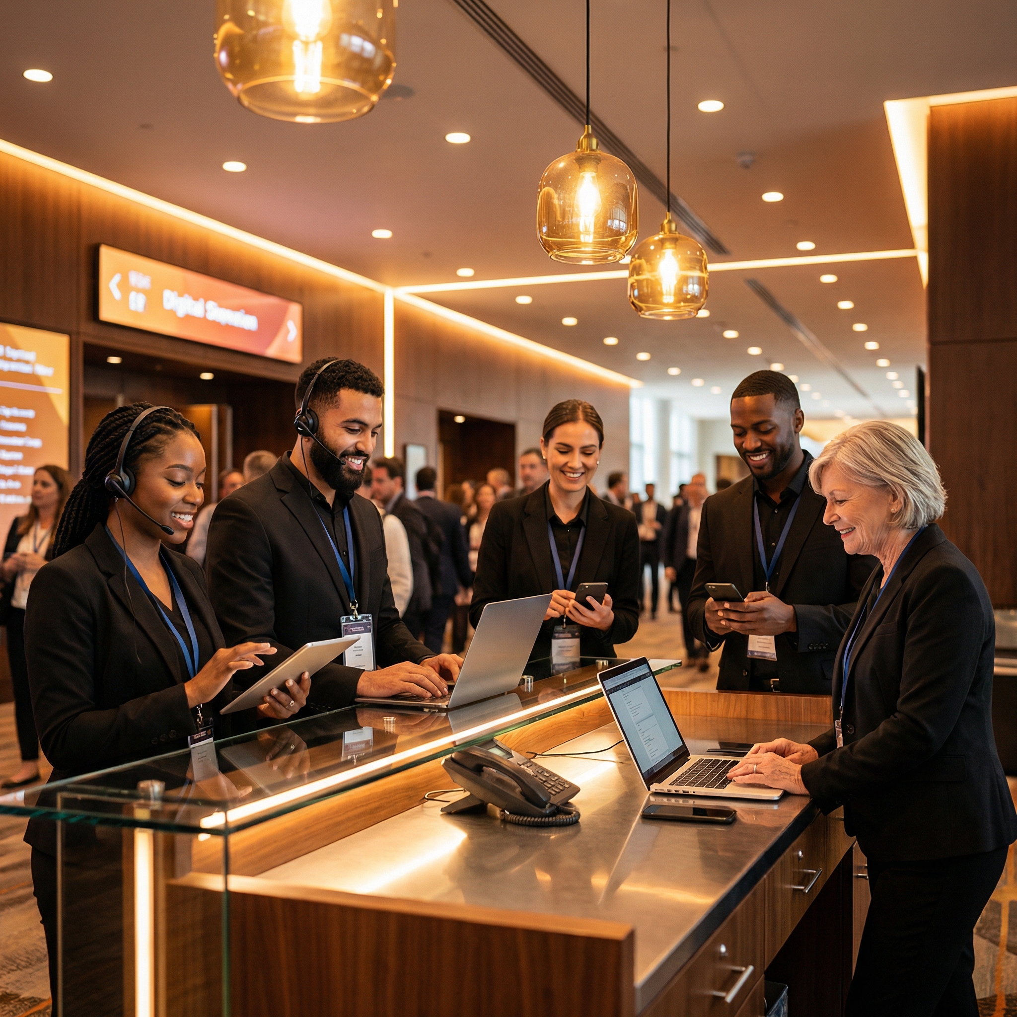 Event operations staff managing guest check-in at a registration desk using tablets.