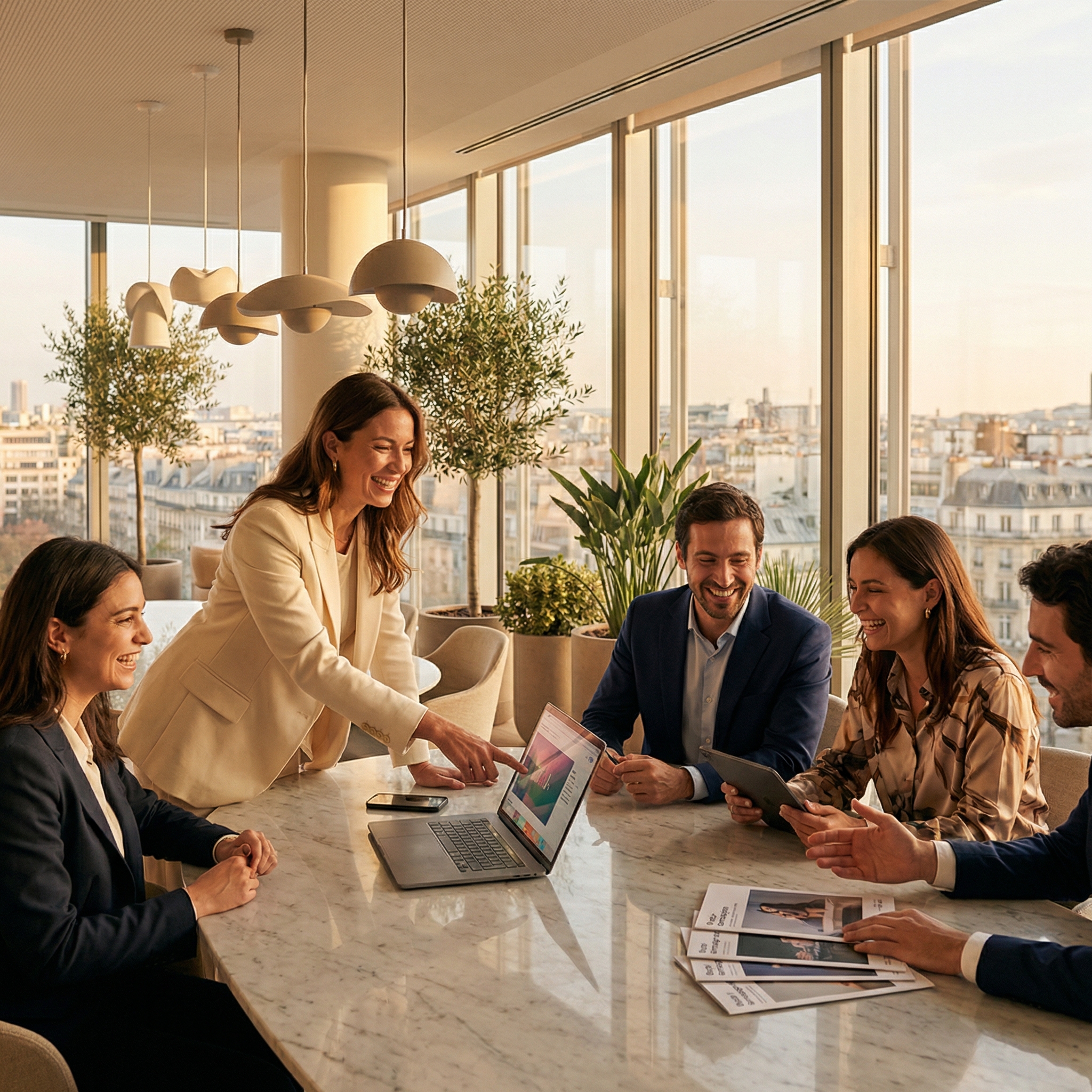 An event planning team having a collaborative meeting with laptops and documents in a bright corporate boardroom An event planning team having a collaborative meeting with laptops and documents in a bright corporate boardroom.